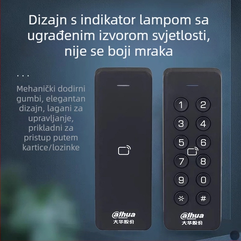 Pristupni čitač kartica s otiskom prsta i lozinkom – vodootporan IC čitač kartica, domet 0,5 m, vrijeme čitanja 0,001 s, kapacitet 30 000, frekvencija 13,65 MHz