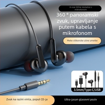 Ušne slušalice s kabelom i ušnim kukicama, USB-C kabel dužine 2 m, snižavanje šuma, za karaoke, sport, igre i pozive