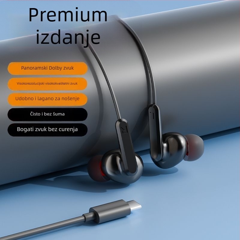 Ušne slušalice s kabelom i ušnim kukicama, USB-C kabel dužine 2 m, snižavanje šuma, za karaoke, sport, igre i pozive