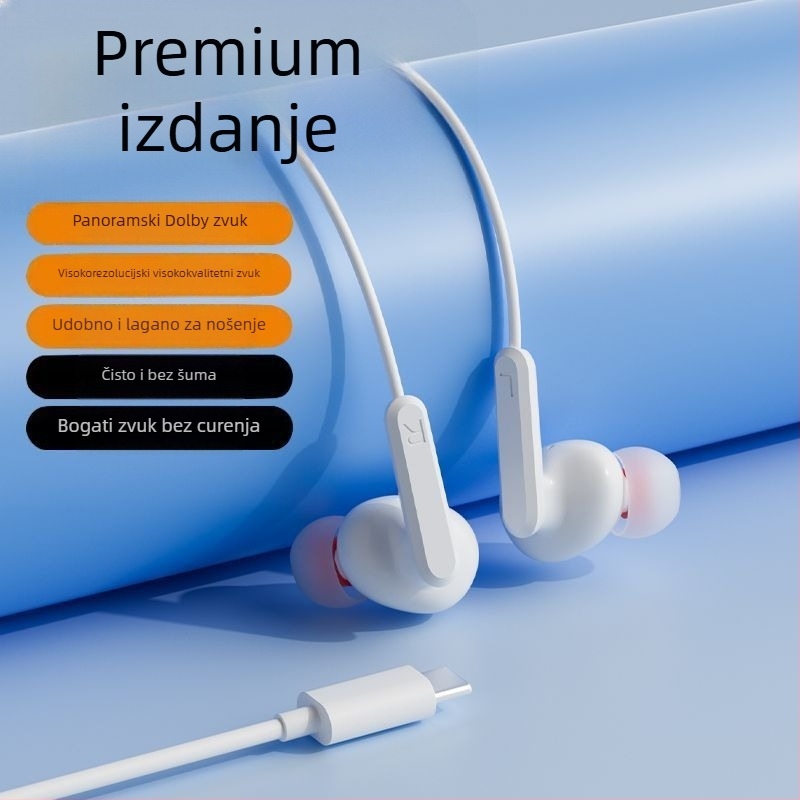 Ušne slušalice s kabelom i ušnim kukicama, USB-C kabel dužine 2 m, snižavanje šuma, za karaoke, sport, igre i pozive