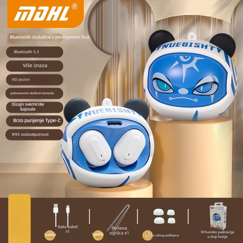Face-Changing Bluetooth slušalice, In-Ear, Bluetooth 5.3, domet 20 m, redukcija šuma, dugotrajna baterija (>8 h), niska latencija za igranje