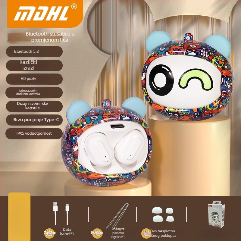 Face-Changing Bluetooth slušalice, In-Ear, Bluetooth 5.3, domet 20 m, redukcija šuma, dugotrajna baterija (>8 h), niska latencija za igranje