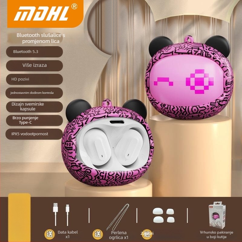 Face-Changing Bluetooth slušalice, In-Ear, Bluetooth 5.3, domet 20 m, redukcija šuma, dugotrajna baterija (>8 h), niska latencija za igranje