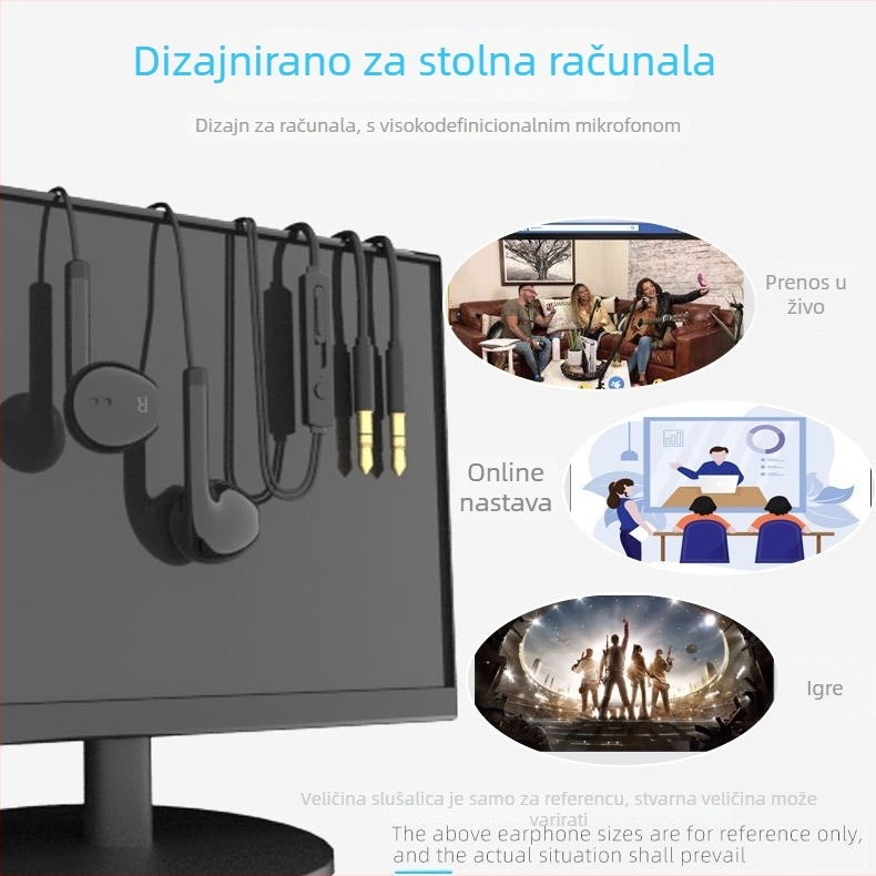 Žične PC slušalice u uho s mikrofonom, 3 m kabel, 3,5 mm priključak
