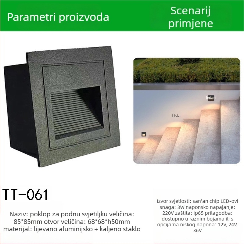 LED kutno svjetlo sa senzorom za vanjske stepenice, ugrađeno svjetlo za stepenice, kućište stopice – TT-061, Tiantai Lighting, Materijal: aluminij liven, Debljina: 2 mm