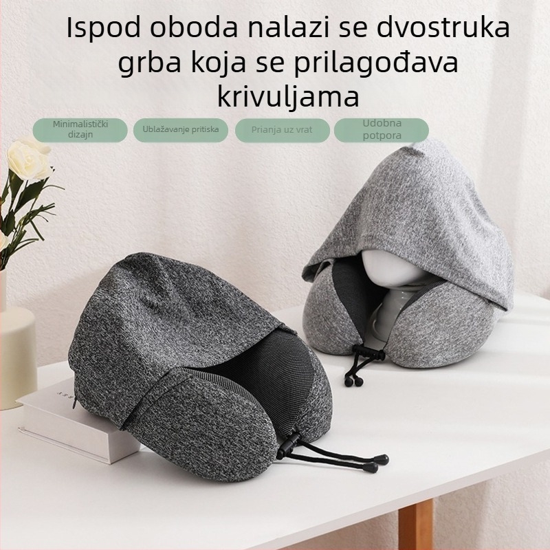 Putni jastuk u obliku U s kapuljom za podršku vrata, memorijska pjena, sklopiv za kompaktno skladištenje, idealan za letove