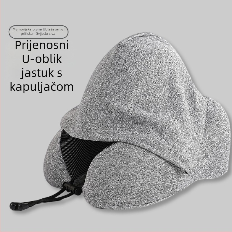 Putni jastuk u obliku U s kapuljom za podršku vrata, memorijska pjena, sklopiv za kompaktno skladištenje, idealan za letove