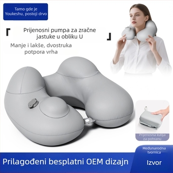 Naduvljiva U-oblikovana putna jastučnica za vrat – prijenosna potporna jastuk, Ice Silk tkanina, PVC punilo, za odrasle