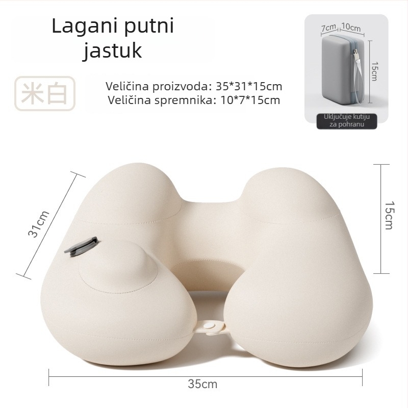 Naduvljiva U-oblikovana putna jastučnica za vrat – prijenosna potporna jastuk, Ice Silk tkanina, PVC punilo, za odrasle