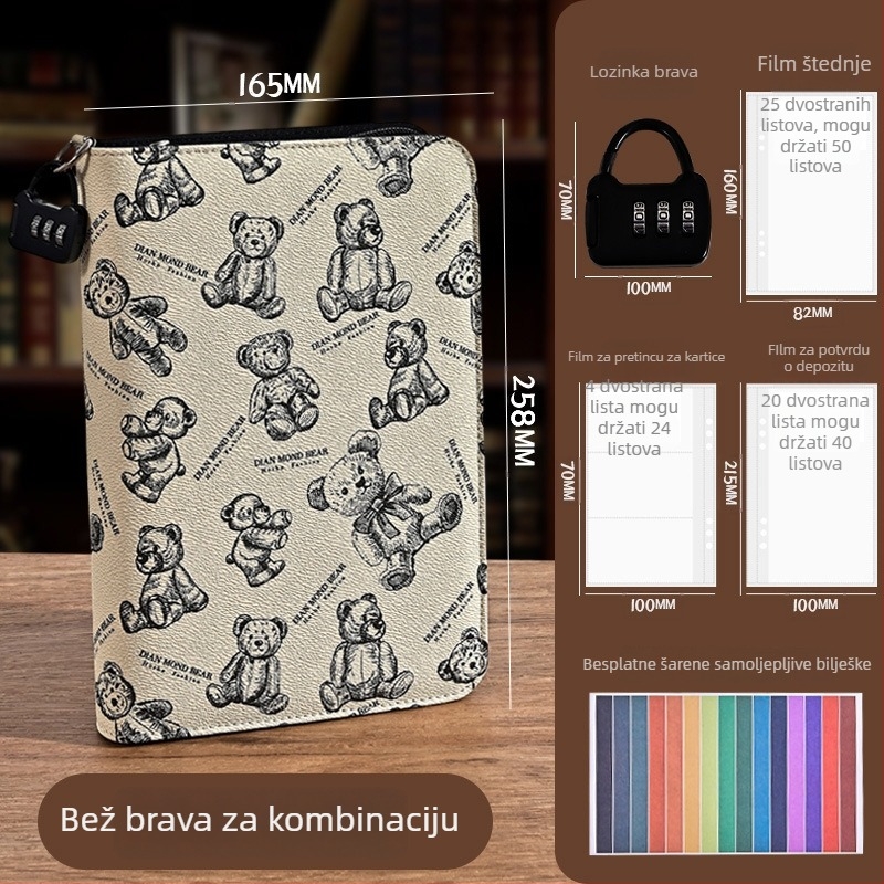 Torba za dokumente s zatvaračem, dizajn medvjedića, PU materijal, velika kapaciteta za novčanice, kartice i potvrde, mogućnost tiskanja logotipa