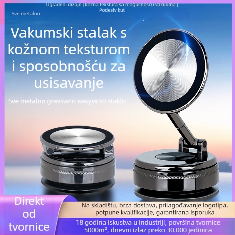 Metalni držač telefona za auto s vakuum pričvrsom, 360° rotacija, sklopiv, univerzalna kompatibilnost