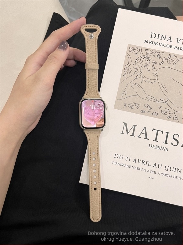 Kožni remen za Apple Watch – prava koža, Litchi tekstura, tanak dizajn struka, kompatibilan sa serijama 8/7 i Apple Watch 6/SE