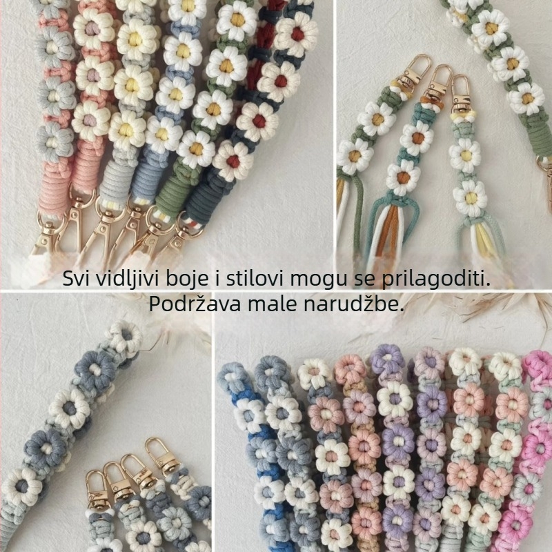 Lanyard za mobitel — ručno izrađeni pamukovo uže, privjesak Daisy, metalna kopča, unisex