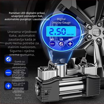 Prijenosna električna dvocilindrična pumpa za automobile s digitalnim zaslonom, 12V, 180W, 45 L/min, 3 m kabel