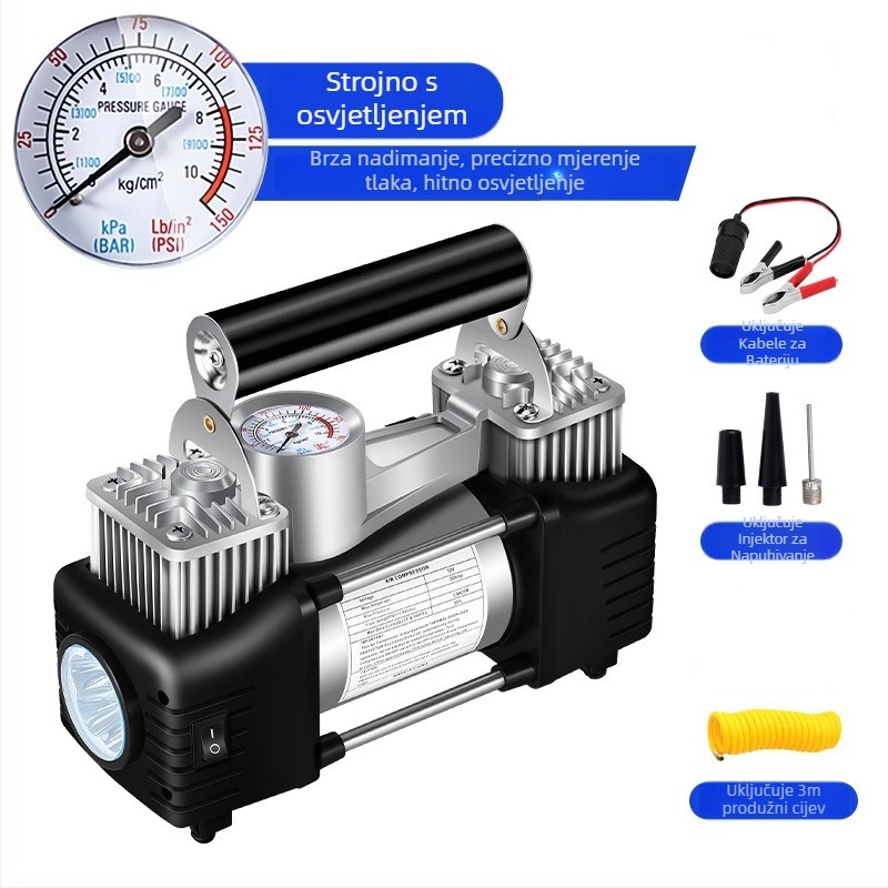 Prijenosna električna dvocilindrična pumpa za automobile s digitalnim zaslonom, 12V, 180W, 45 L/min, 3 m kabel