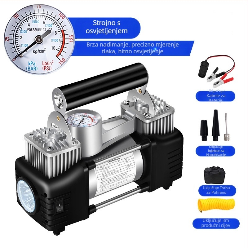 Prijenosna električna dvocilindrična pumpa za automobile s digitalnim zaslonom, 12V, 180W, 45 L/min, 3 m kabel