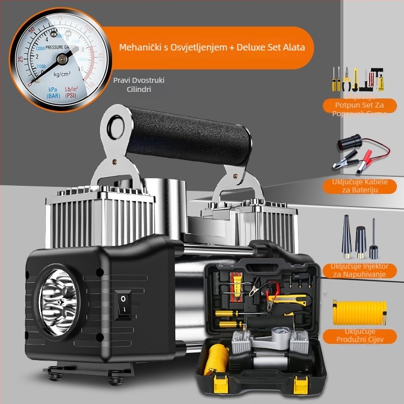 Prijenosna električna dvocilindrična pumpa za automobile s digitalnim zaslonom, 12V, 180W, 45 L/min, 3 m kabel