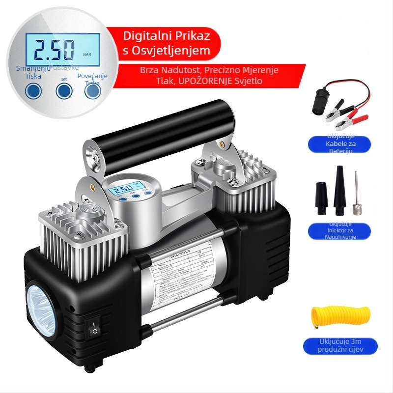 Prijenosna električna dvocilindrična pumpa za automobile s digitalnim zaslonom, 12V, 180W, 45 L/min, 3 m kabel
