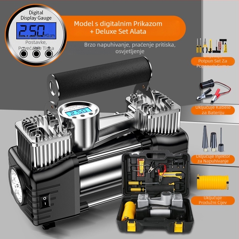 Prijenosna električna dvocilindrična pumpa za automobile s digitalnim zaslonom, 12V, 180W, 45 L/min, 3 m kabel