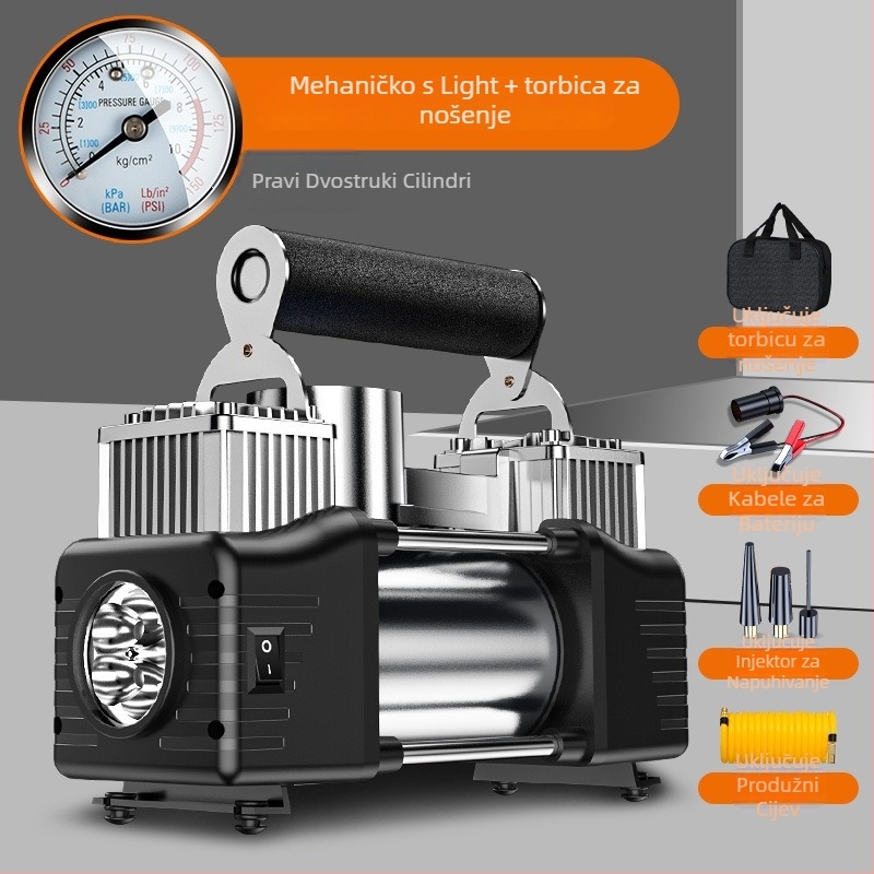 Prijenosna električna dvocilindrična pumpa za automobile s digitalnim zaslonom, 12V, 180W, 45 L/min, 3 m kabel