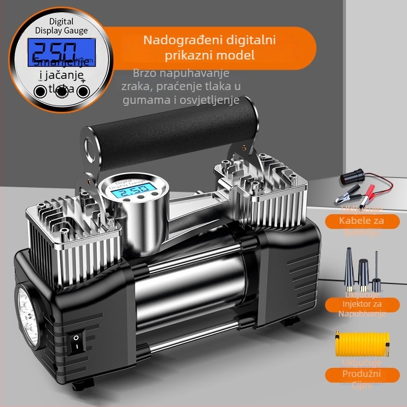 Prijenosna električna dvocilindrična pumpa za automobile s digitalnim zaslonom, 12V, 180W, 45 L/min, 3 m kabel