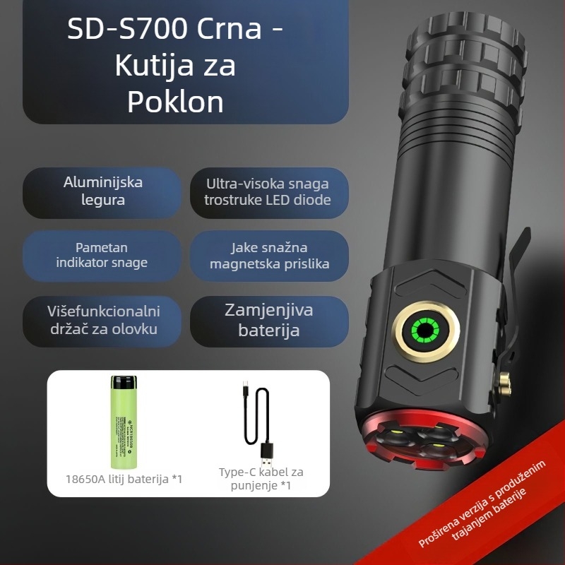LED svjetiljka iz aluminijske legure, ručno napajanje, 30W, domet 200–500 m, 360° rotacija