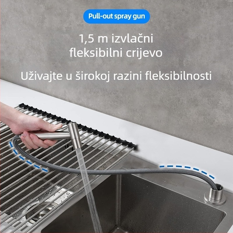 Izvlačni prskalj za kuhinju od nehrđajućeg čelika 304, tlak 1 MPa, brušeni završetak, keramički disk ventil, jednorukom upravljanjem
