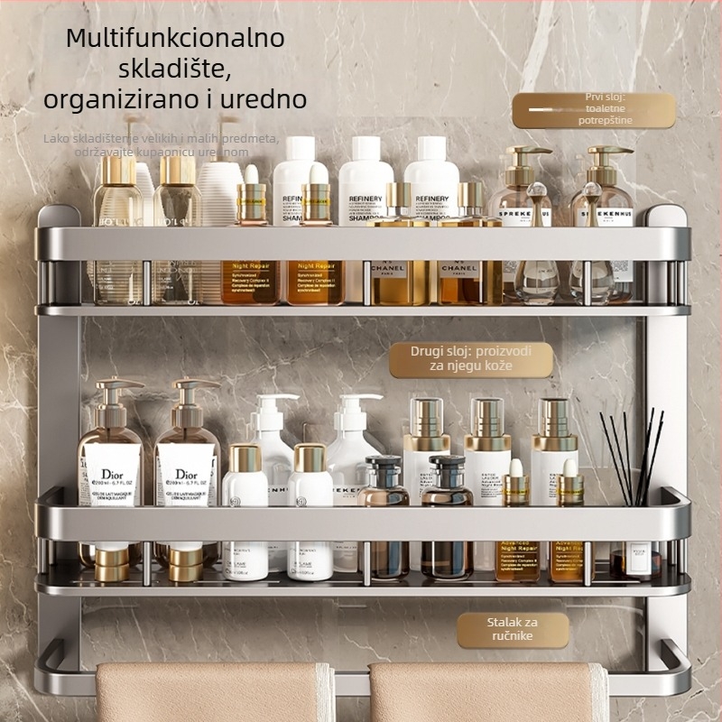 3-slojni zidni regal za kupaonicu za pohranu, materijali: Space aluminij i karbonska čelika, nosivost 20-25 kg, moderan minimalistički stil