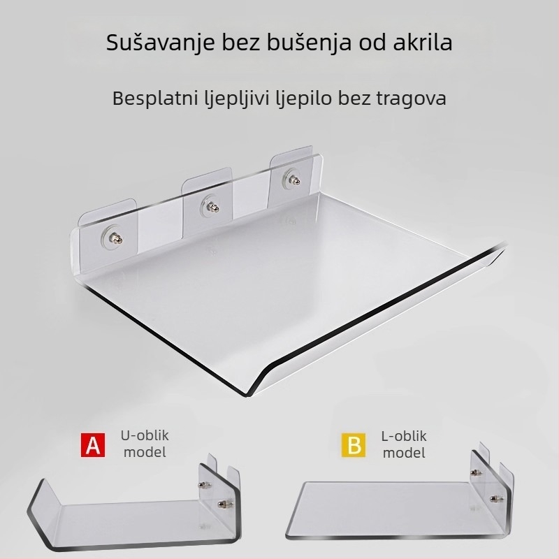 Akrilni zidni držač za pohranu, proziran, bez bušenja, 1 etaža, montaža ljepilom, moderni minimalistički stil