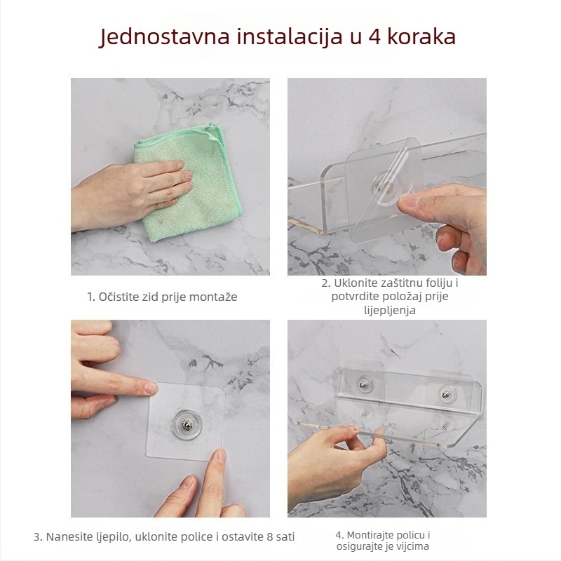 Akrilni zidni držač za pohranu, proziran, bez bušenja, 1 etaža, montaža ljepilom, moderni minimalistički stil
