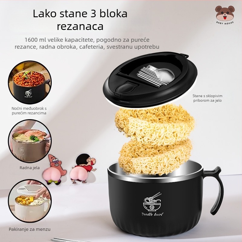 Zdjela za instant rezance od 304 nerđajućeg čelika, okrugla, mikrovalna pećnica kompatibilna, s mogućnošću tiska logotipa