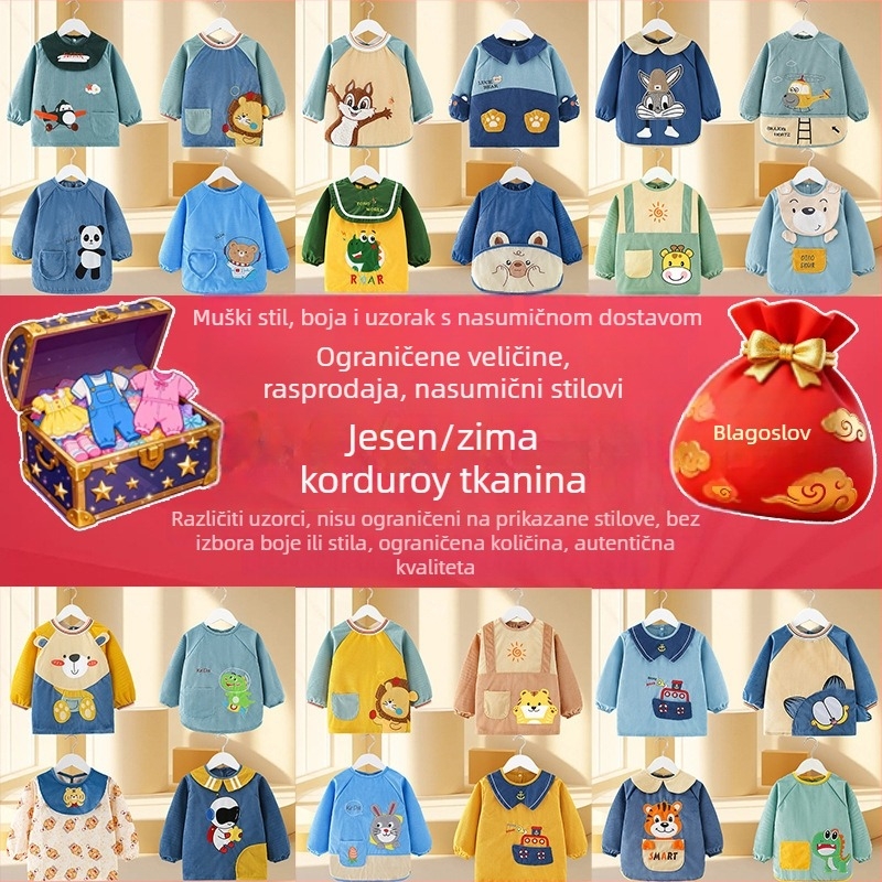 Dječji vodootporni smock s dugim rukavima, karikaturni uzorak, korduroj tkanina, za uzrast 3–8 godina