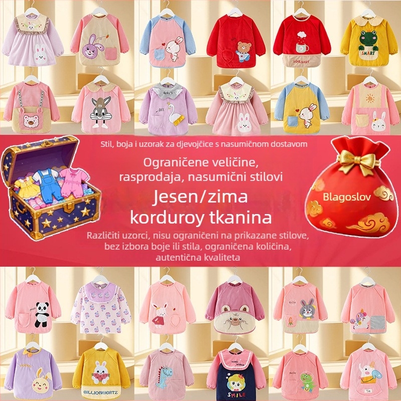 Dječji vodootporni smock s dugim rukavima, karikaturni uzorak, korduroj tkanina, za uzrast 3–8 godina