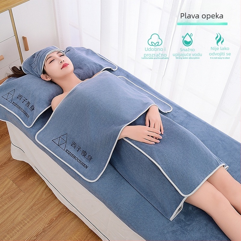 Set ručnika za kozmetički salon s turbansom, ručnikom za prsa i ručnikom za kupanje; mikrofibre 400 g; brzo sušenje; visoka upijanje; tisk logotipa dostupan; set od 3 ili 5 komada