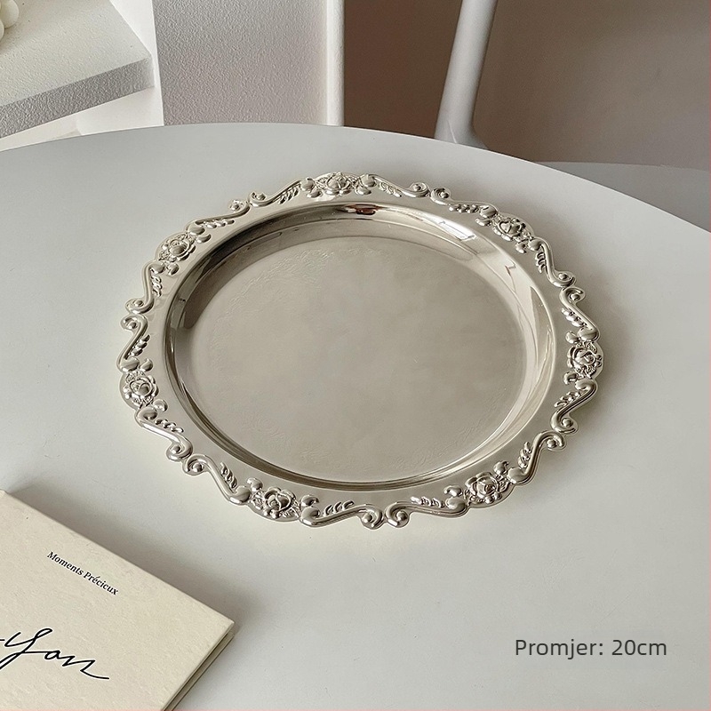 Palace stil retro desertni tanjur - rekvizit za fotografiju, okrugli metalni tanjur s motivom svile cvijeta, jednostavan stil, uzorak 69850