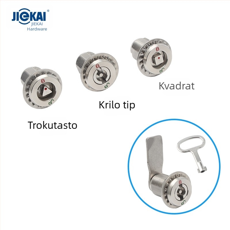 Cilindrični mortise brava s krilnim unutarnjim trokutom, za metro ormariće i industrijske ormariće | Značka Jie Kai | Materijal: cinkova legura i nehrđajući čelik | Model: Cilindrična serija brave