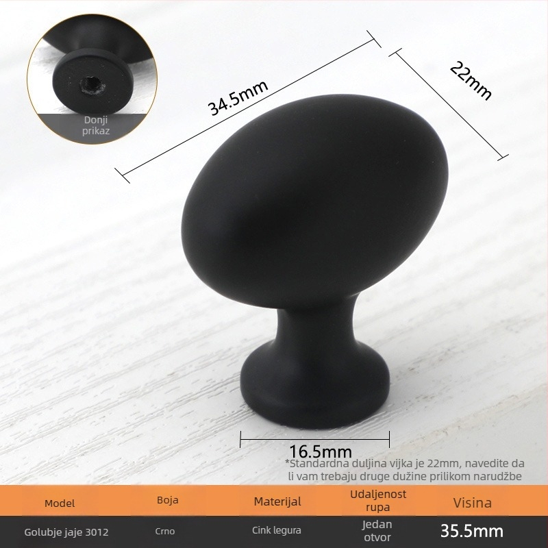 Cink ručka za namještaj od legure cinka, oblik golubljeg jajeta, jednim otvorom za montažu, moderni minimalistički stil, model 6500, Bejart, za garderobe, ormariće za vino i ladice