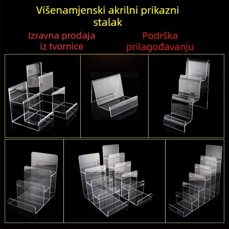 Prozirni akrilni stalak za prikaz novčanika, maski, mobitela i naočala – četiri razine, vrhunski
