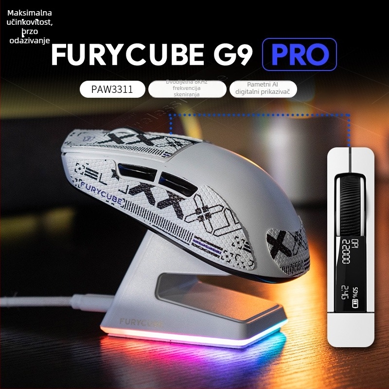 Furycube G9 Troje-modno bežično gaming miš s PAW331 optičkim senzorom, 6 tipki, DPI do 12000, USB kabel 1,5 m, bežična veza 2,4 GHz