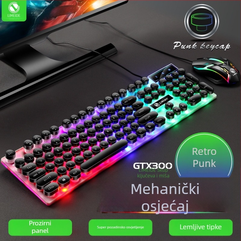 GTX300 set tipkovnice i miša, 104 tipke, žični membranski tipkovnik s naslonom za zglob i višebojnim pozadinskim osvjetljenjem