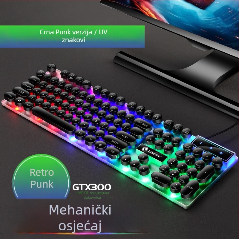 GTX300 set tipkovnice i miša, 104 tipke, žični membranski tipkovnik s naslonom za zglob i višebojnim pozadinskim osvjetljenjem
