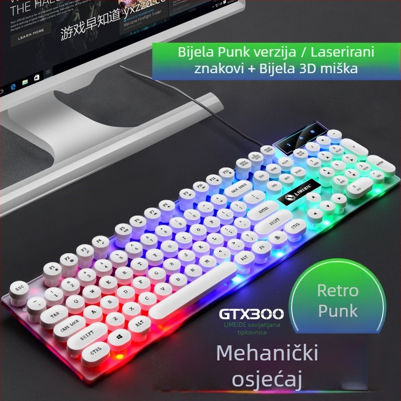 GTX300 set tipkovnice i miša, 104 tipke, žični membranski tipkovnik s naslonom za zglob i višebojnim pozadinskim osvjetljenjem
