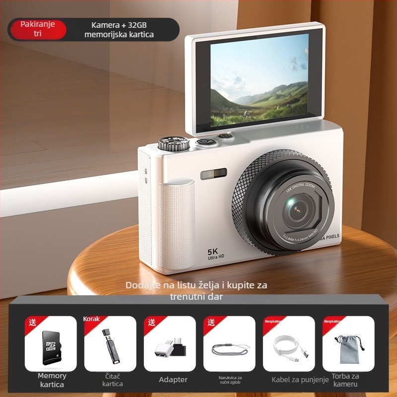 Bezzrcalna digitalna kamera s rotirajućim zaslonom u retro stilu, CCD senzor 1/3.2in, 24 MP, 16x optični zoom