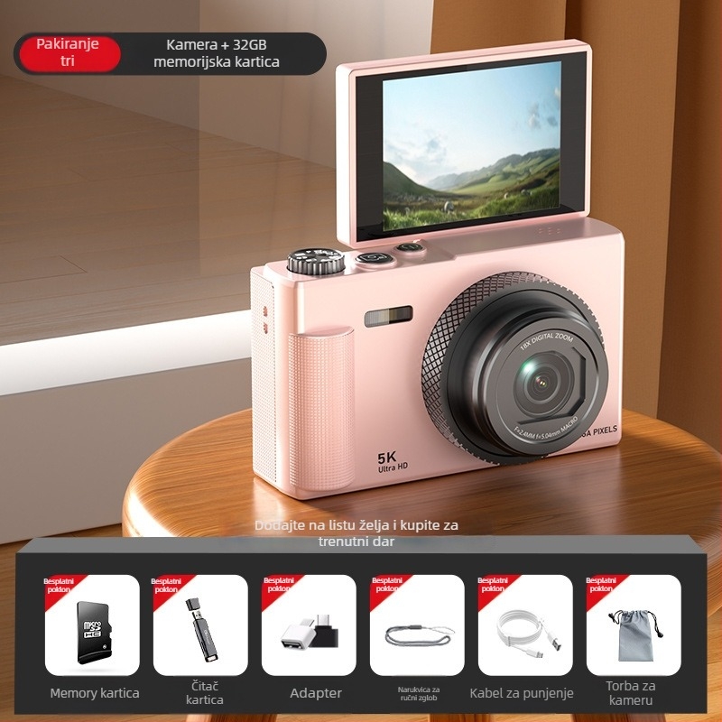 Bezzrcalna digitalna kamera s rotirajućim zaslonom u retro stilu, CCD senzor 1/3.2in, 24 MP, 16x optični zoom