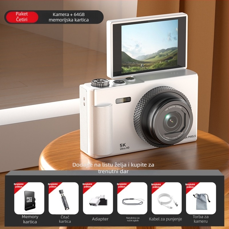 Bezzrcalna digitalna kamera s rotirajućim zaslonom u retro stilu, CCD senzor 1/3.2in, 24 MP, 16x optični zoom