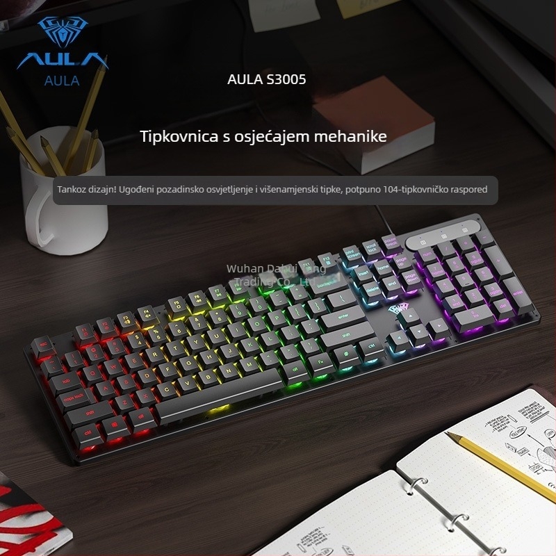 Tipkovnica AULA Wolf Spider S3005, žična uredska tiha tipkovnica, 104 tipke, USB, numerički blok, mješovita pozadinska rasvjeta