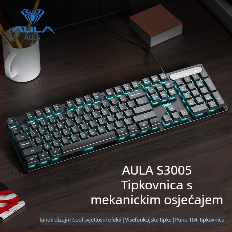Tipkovnica AULA Wolf Spider S3005, žična uredska tiha tipkovnica, 104 tipke, USB, numerički blok, mješovita pozadinska rasvjeta