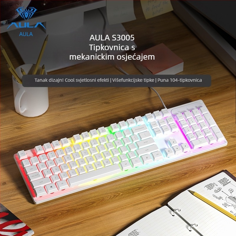 Tipkovnica AULA Wolf Spider S3005, žična uredska tiha tipkovnica, 104 tipke, USB, numerički blok, mješovita pozadinska rasvjeta