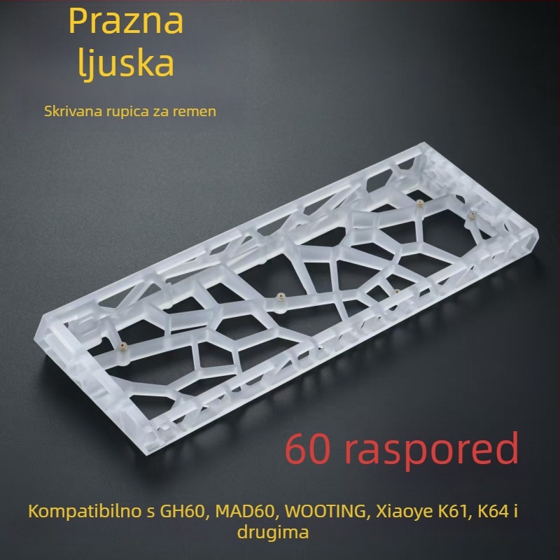 GH60-kompatibilno kućište tipkovnice, 60-tipki mehanički raspored, prozirno mat PC materijal, standardne pozicije rupa