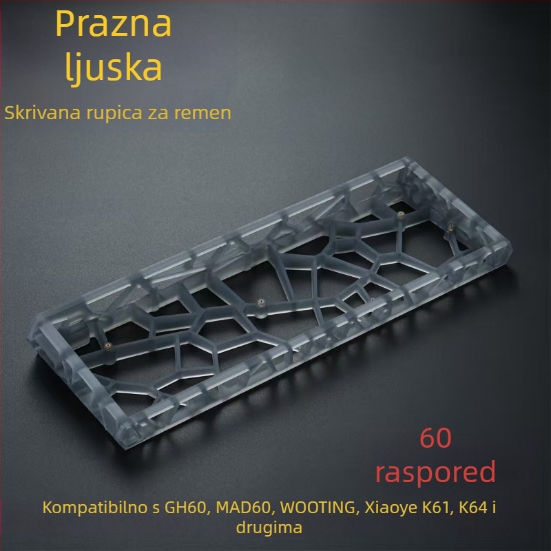 GH60-kompatibilno kućište tipkovnice, 60-tipki mehanički raspored, prozirno mat PC materijal, standardne pozicije rupa